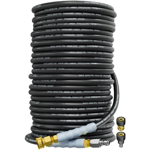 200FT 3/8" 4800PSI Pressure Washer Hose with Swivel Quick Connect for Cold/Hot Water Max 248°F, Kink Resistant Steel Wire Braided, Wear Resistant Black Power Washer Hose with M22 14mm Adapter