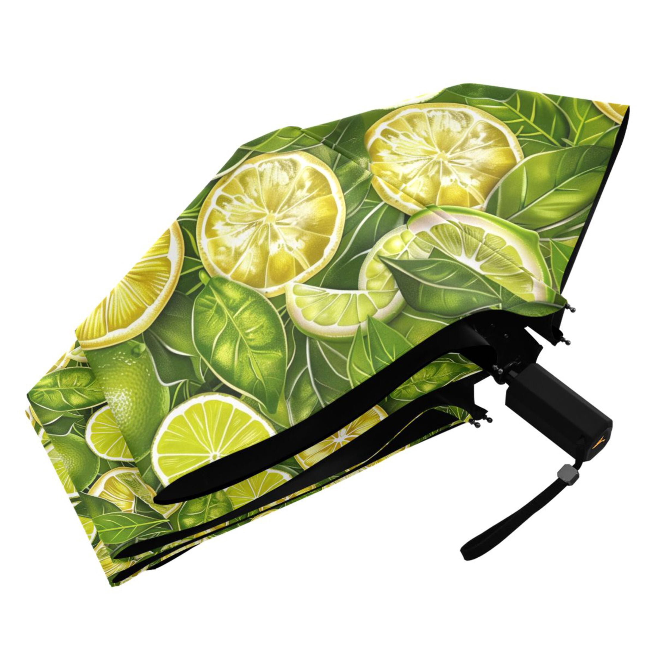 Lemon Slices and Leaves Compact Sun Umbrella Windproof Travel Umbrellas for Rain Strong Portable UV Protection