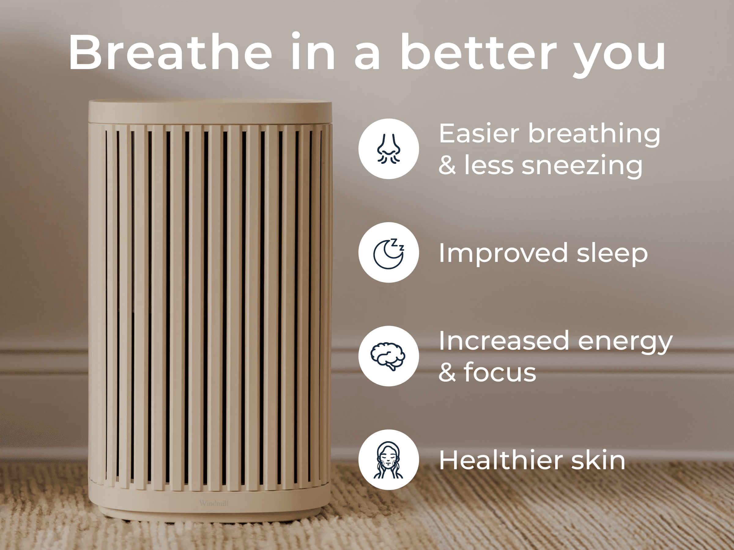 The Windmill Air Purifier for Home - 3-In-1 Filtration for Smoke & More - True HEPA Filter, Activated Carbon, & Pre-Filter - Covers Up To 975 Sq ft - Ultra-Quiet - App Compatible - Sand