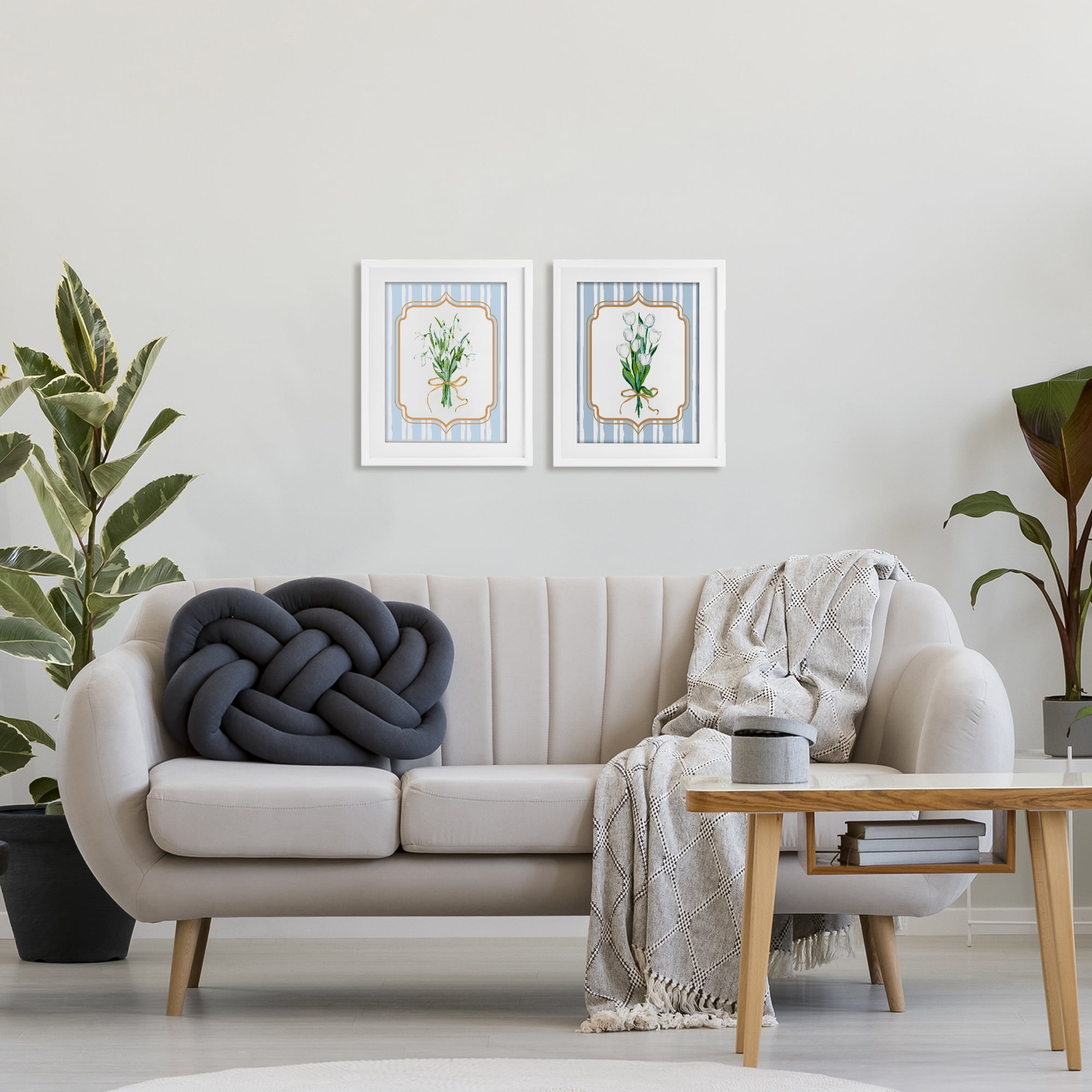White Flowers Classic Stripes 2 Piece White Framed Print Under Glass Set, design by Adonna Ebrahimi