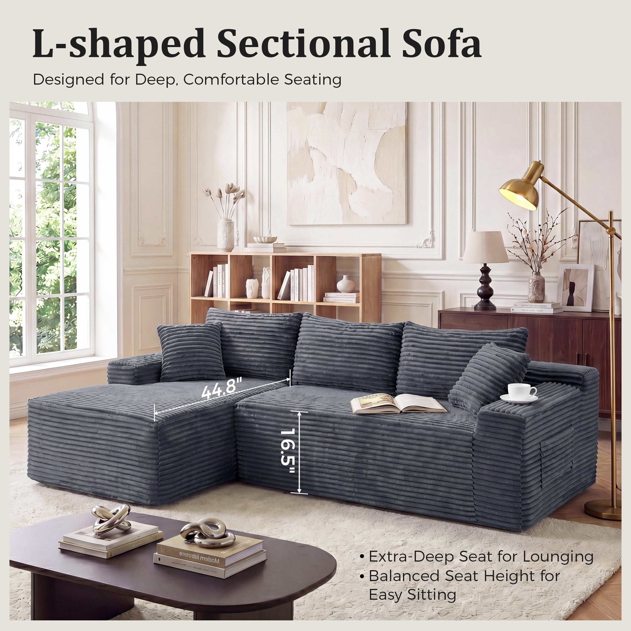 Aenkyo 95 Inch Corduroy L-Shaped Modular Sectional Sofa, Left Chaise, Gray