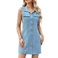 thumbnail image 3 of Denim Dresses for Women Sleeveless Stretchy Jean Summer Casual Western Short Button Down Dress with Patch Pocket Blue S, 3 of 9
