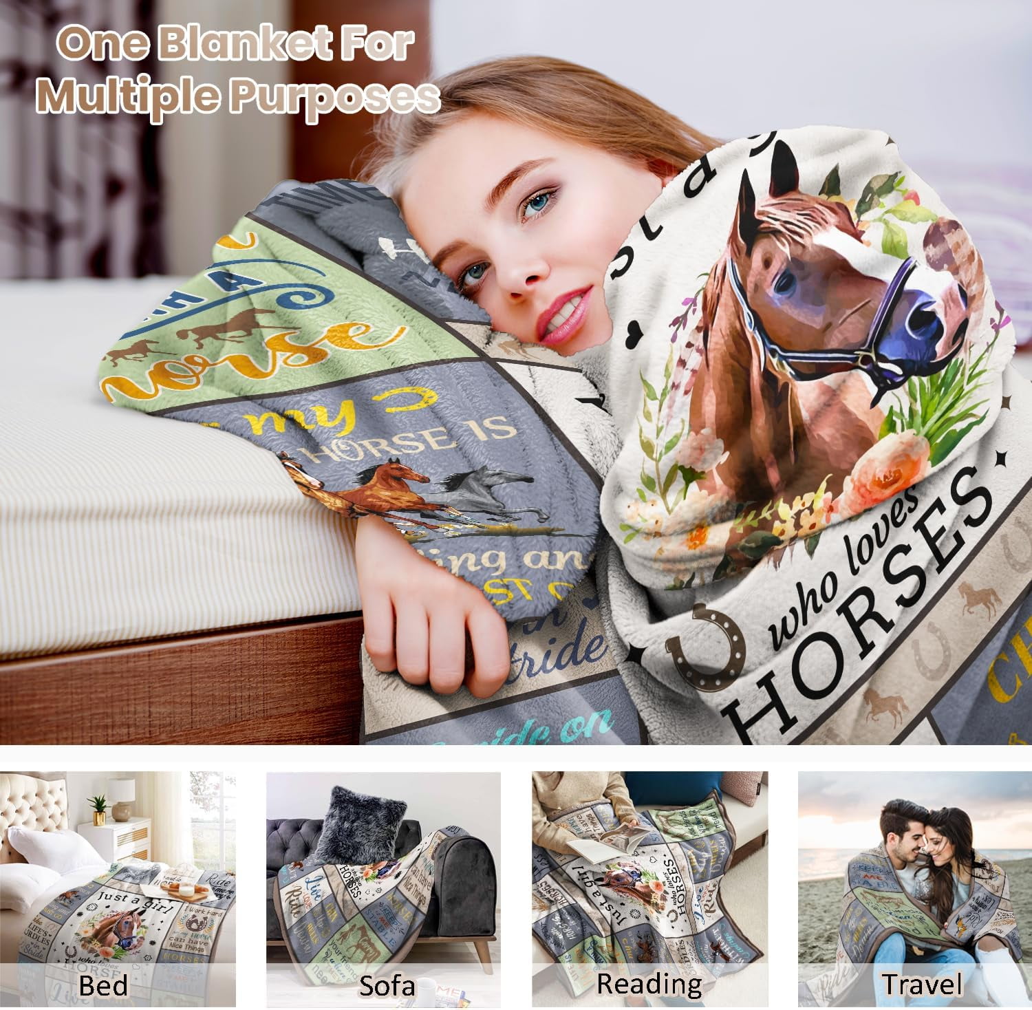 CITYSONG Horse Blanket for Girls and Women Just A Girl Who Loves Horses Throw Lovers Birthday Gifts Decor 50" x 40"