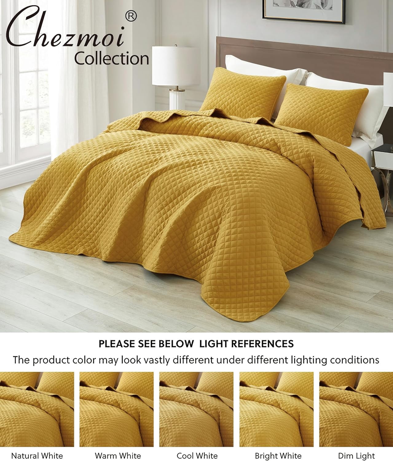 Chezmoi Collection Teo 3-Piece Mustard Yellow Queen Size Quilt Set - Diamond Stitched Lightweight Microfiber Bedspread Set Bedspread Set for All Seasons
