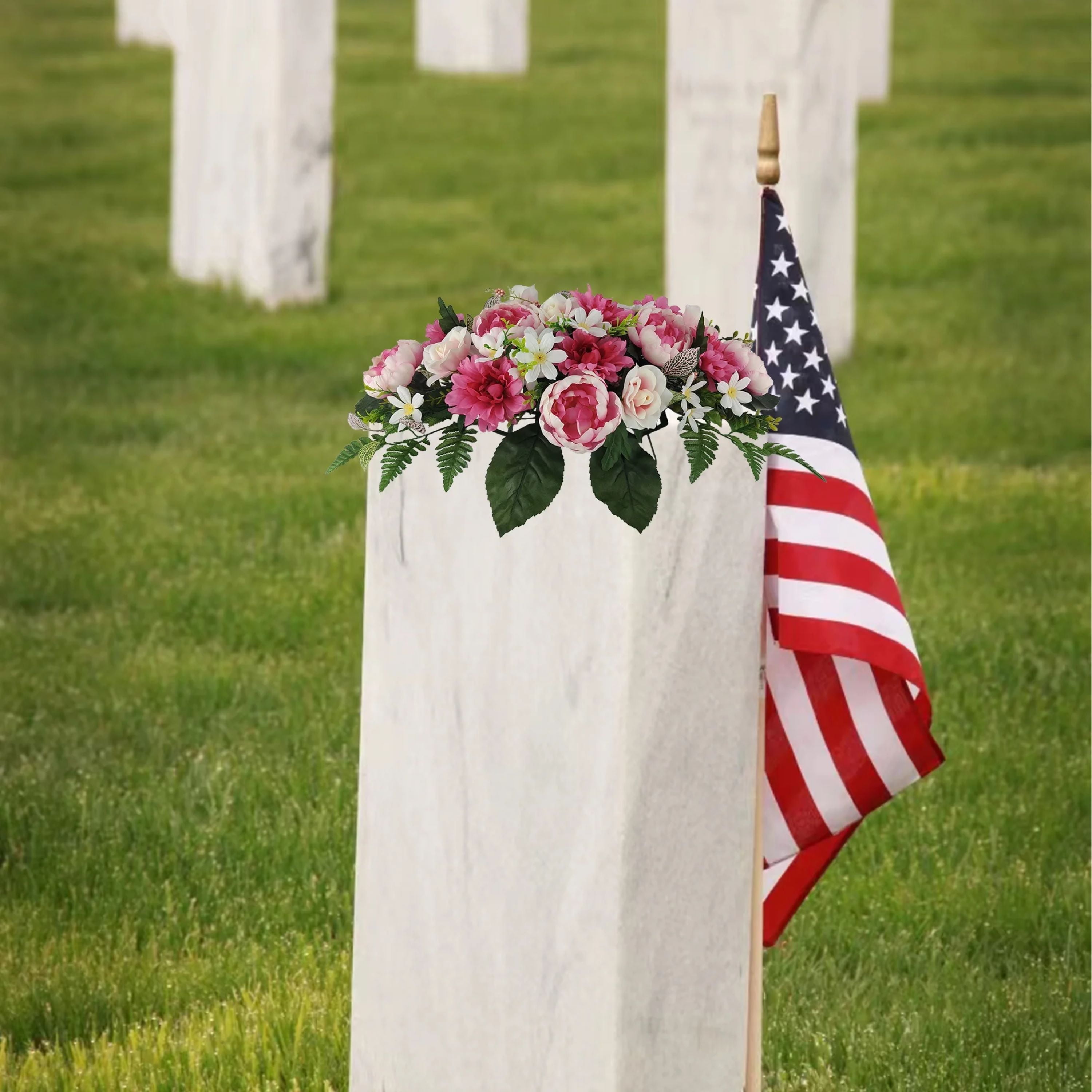 Mainstays 30in Outdoor Artificial Floral Headstone Saddle, Peony in Pink.