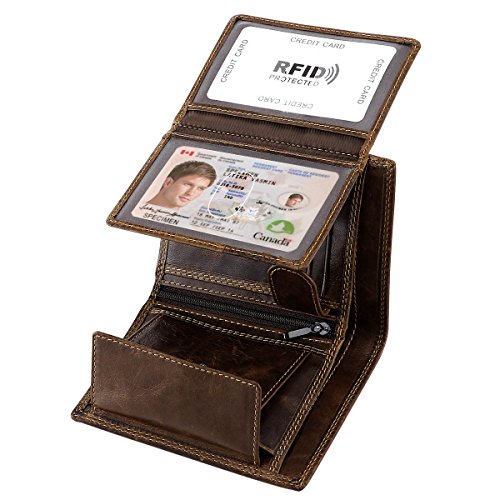 Trifold Billfold RFID Blocking Cowhide Leather Wallet for Men 10 Card Slots 2 ID Windows with