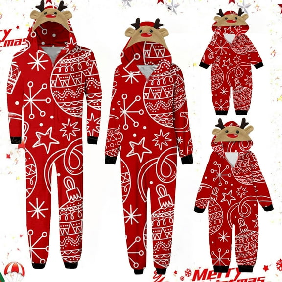 Odeerbi Matching Family Christmas Pajamas Sets Parent-Child Xmas Warm Hooded Jumpsuit Printed Home Wear Set Loungewear Sleepwear Jammies for Mom