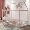 Twin Size House Bed, Metal House Floor Bed with Safety Fence and Roof