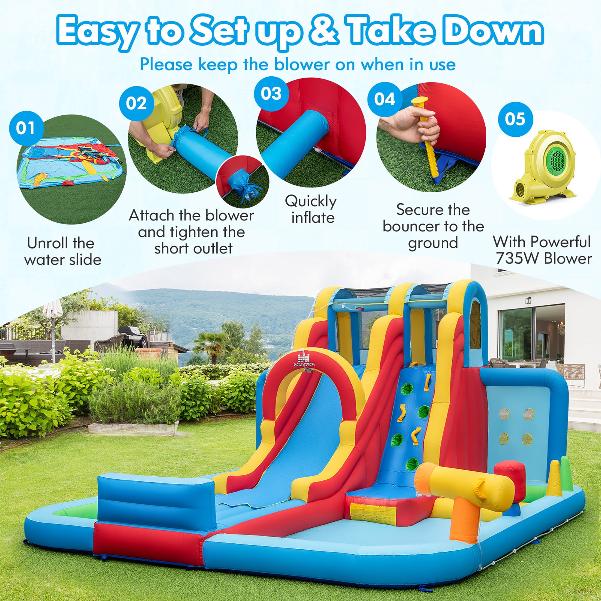 Gymax Inflatable Water Slide w/ Long Slide Climbing Wall Splash Pools w/ 735W Blower