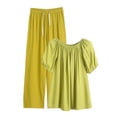 thumbnail image 3 of TaTaai Womens Two Piece Set Off Shoulder Short Sleeve Puff Sleeve Top with Drawstring Waist Straight Leg Pants Solid Soft Breathable Casual Outfit Gift, 3 of 6
