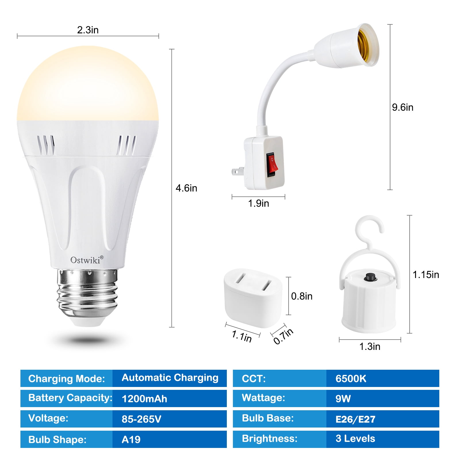 Ostwiki 6 Pack Battery Operated Light Bulb,Emergency Light Bulbs for Power Outage,A19 E26 9W 1200mAh 3000K Warm Rechargeable LED Light Bulbs for Home Lamps，Outdoor Activity,Hurricane,Blizzard,Camping