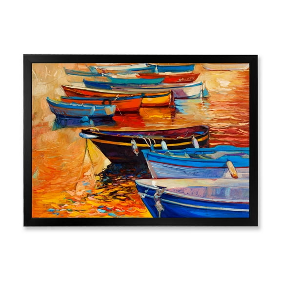 Boats During Warm Colored Sunset In The Harbor I 40 in x 30 in Framed Painting Canvas Art Print, by Designart