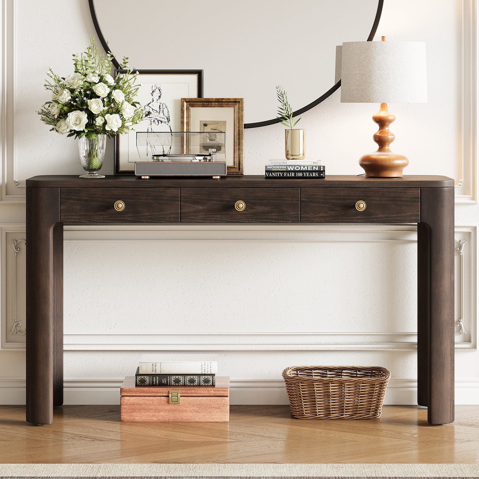 Euroco 52 Inch Curved Console Table with 3 Concealed Drawers, Wood Entryway Table, Sturdy Sofa Table with Thick Legs for Hallway/Foyer/ Living Room,Espresso