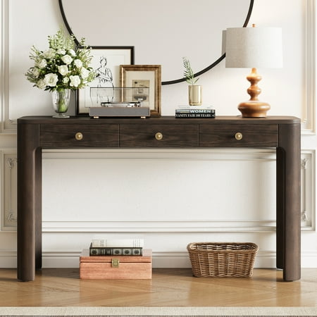 Euroco 52 Inch Curved Console Table with 3 Concealed Drawers, Wood Entryway Table, Sturdy Sofa Table with Thick Legs for Hallway/Foyer/ Living Room,Espresso