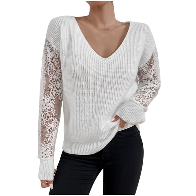 Suéteres Para Mujer Otoño Invierno Suéter de Punto Manga de Encaje de Moda Top de Color Sólido Odeerbi ODB175675