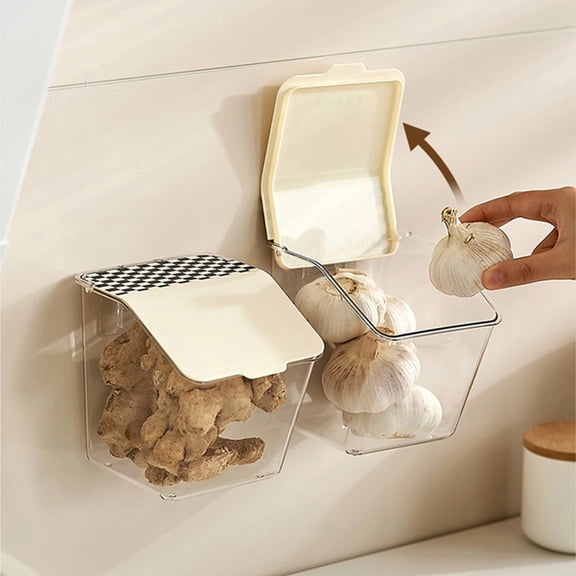 Wall Mounted Plastic Storage Container for Kitchen Seasoning Onion Ginger Garlic with Lid 2-Pack