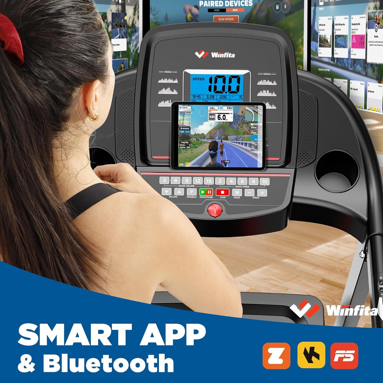 Winfita Treadmill with 15% Auto Incline, 300lbs Capacity, 4.0HP Foldable Treadmill for Home with Bluetooth, 10MPH Speed, APP, 64 Preset Programs & 3 Modes, Portable Self-Standing Electric Treadmill