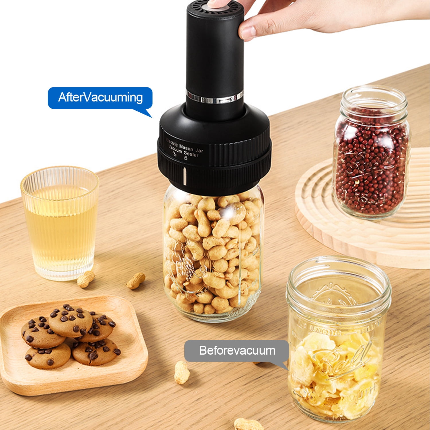 Electric Mason Jar Vacuum Sealer, 4 in 1 Vacuum Sealer Kit for Wide-Mouth & Regular-Mouth Mason Jars, Automatic Jar Sealer Stop for Food Storage Bags, Wine Bottles,Kitchen Tools