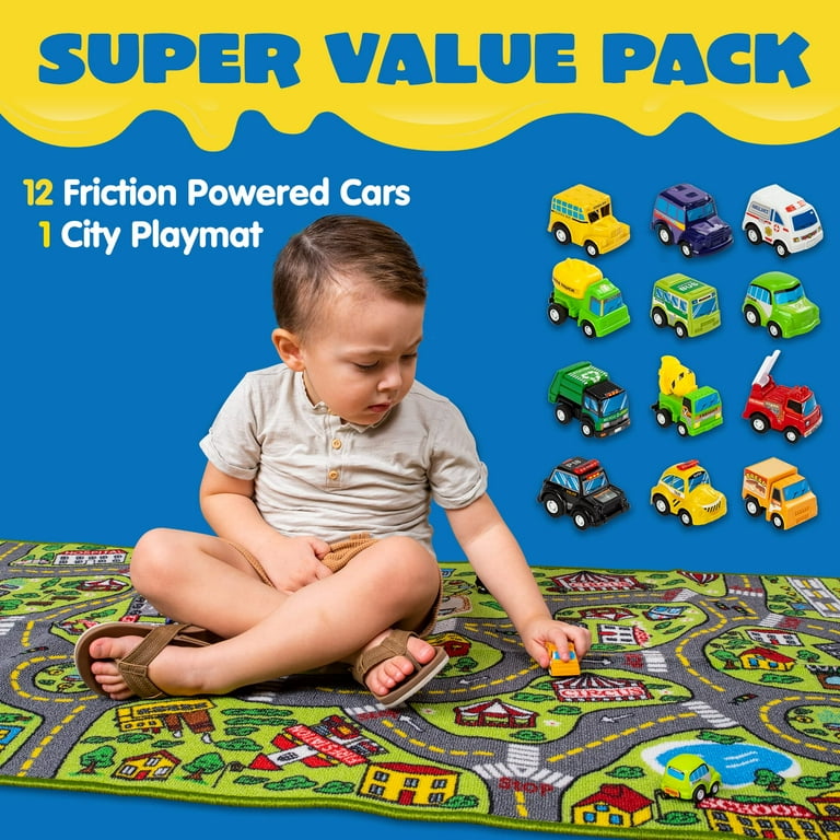 JOYIN Kids Play Rugs with 12 Pull Back Vehicle Set Durable Kids Carpet Playmat Rug City Pretend Play Toddler Car Track Rug