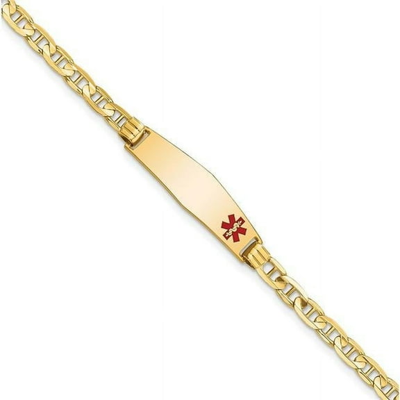 Primal Gold 14 Karat Yellow Gold Medical Soft Diamond Shape Red Enamel Anchor Link ID Bracelet