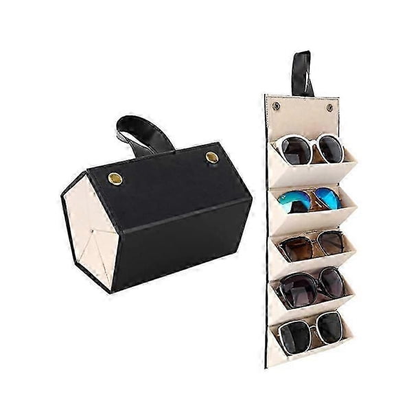 Estuche organizador de gafas de sol de viaje con múltiples compartimentos para colgar.