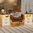 thumbnail image 2 of Hiphuta Farmhouse Set of 2 Nightstands with Charge Station, Wood End Table with 3 Drawers for Adult Bedroom, LEDS Bedside Table for Living Room, White, 2 of 8