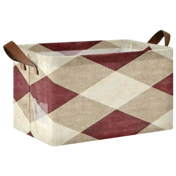 1PCS Foldable Storage Basket with Metal Frame Collapsible Organizer Bin Open Basket Bins for Laundry, Toys, Clothes Red and Beige Checkered