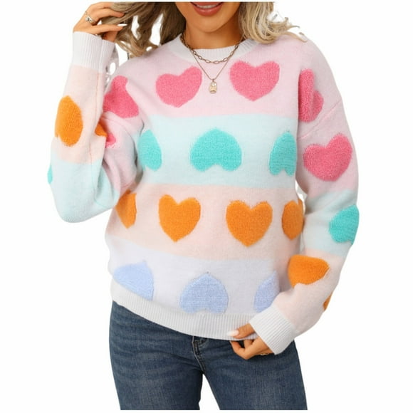 Dagegui Sweaters for Women Crewneck Long Sleeve Cute Heart Knitted Sweater Fall Winter Warm Pullover Tops White,S