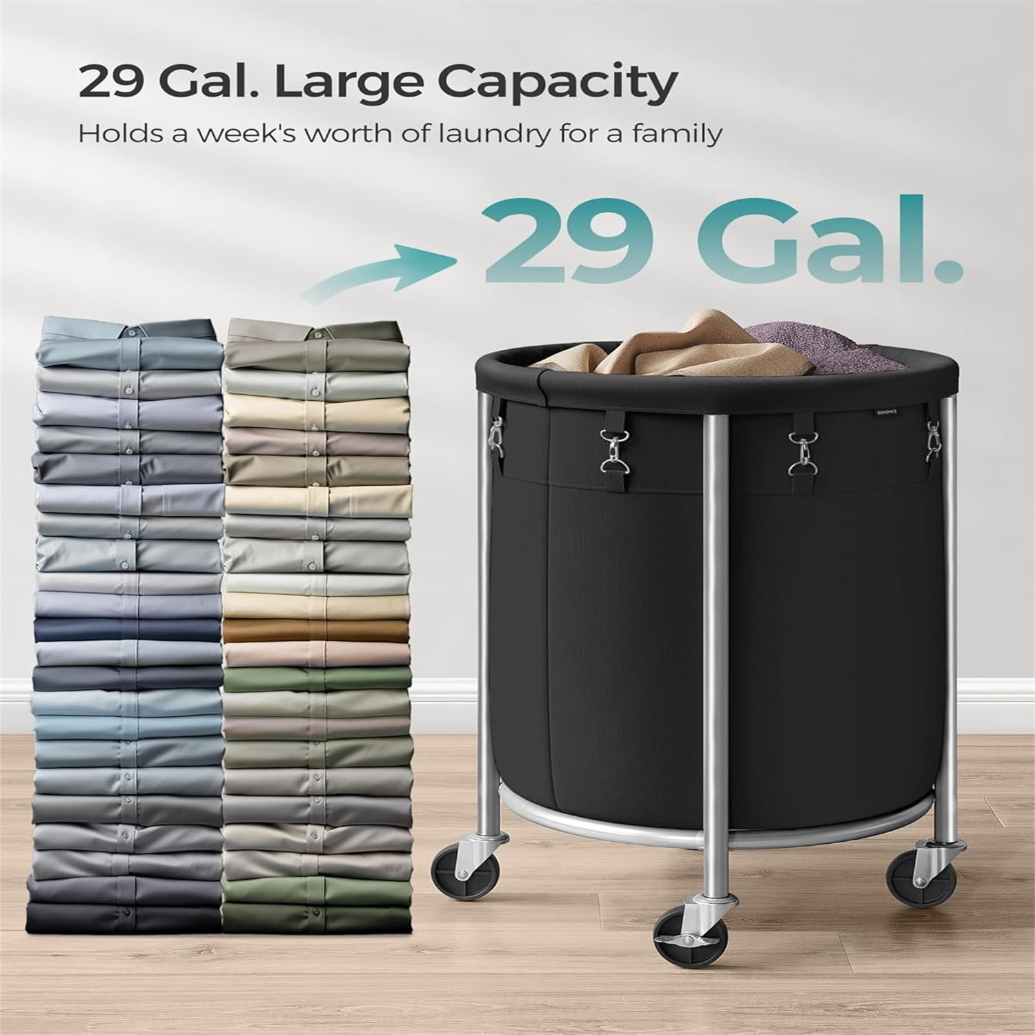 MX-29-Gallon (110 L) Laundry Basket with Wheels, Rolling Round Heavy-Duty Laundry Hamper Cart with Steel Frame and Removable Bag, 2 Locking Wheels, Ink Black and Metallic Silver