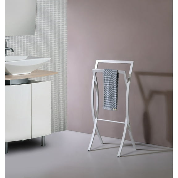 Coronado Double Free Standing Modern Bathroom Towel Rack Stand, White Metal