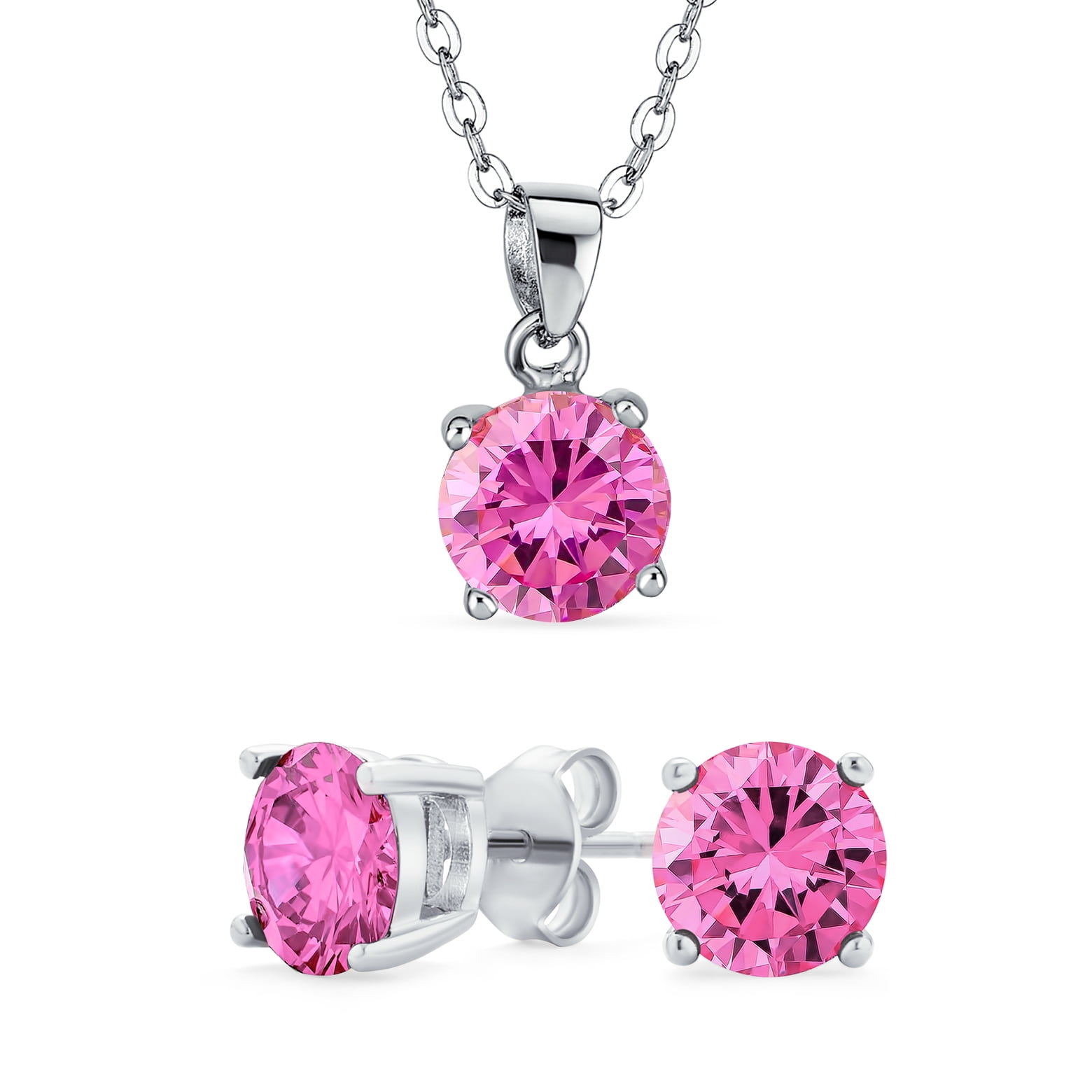 Round Earrings Pink Simulated CZ .925 Sterling Silver Pendant Set 
