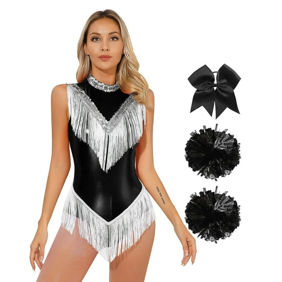 Zaldita Womens Sequins Jazz Latin Dance Costume Sets Metallic Tassel Leotard Bodysuit Cheerleading Black XXL
