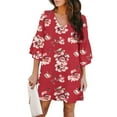 thumbnail image 3 of Fesfesfes Women Casual Dress Dress Sweet And Cute V-Neck Printed Bell Sleeve Shift Dress Mini Dress, 3 of 8