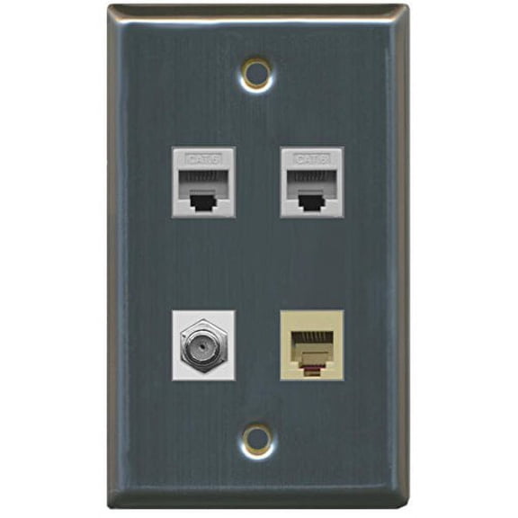 RiteAV 1 Port Coax Cable TV- F-Type and 1 Port Phone RJ11 RJ12 Beige 2 Port Cat6 Ethernet Wall Plate - Stainless Steel/Gray