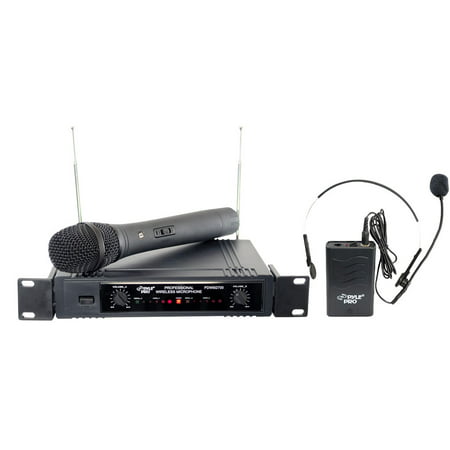 PYLE PDWM2700 - Two Channel VHF Wireless Microphone System, Handheld Microphone, Headset Microphone and Belt Pack (Best Shure Microphone For Karaoke)