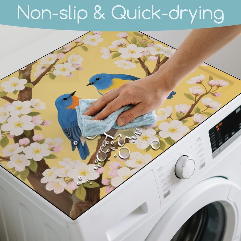 Blue Birds Laundry Room Washer Dryer Dust Cover Mat 23.6x19.6inch Flowers Branches Washing Machine Top Protector Pad Retro Non Slip