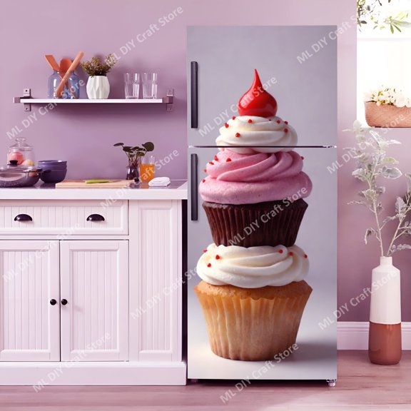 Paper Cupcake Dessert Refrigerator Sticker Kitchen Adhesive Refrigerator Door Decal PVC Waterproof D