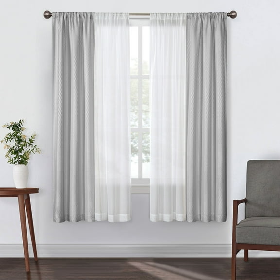 Better Homes & Gardens 4 Piece Silver Open Stitch & Solid Curtain & Sheer Panel Set, Silver, 74x63