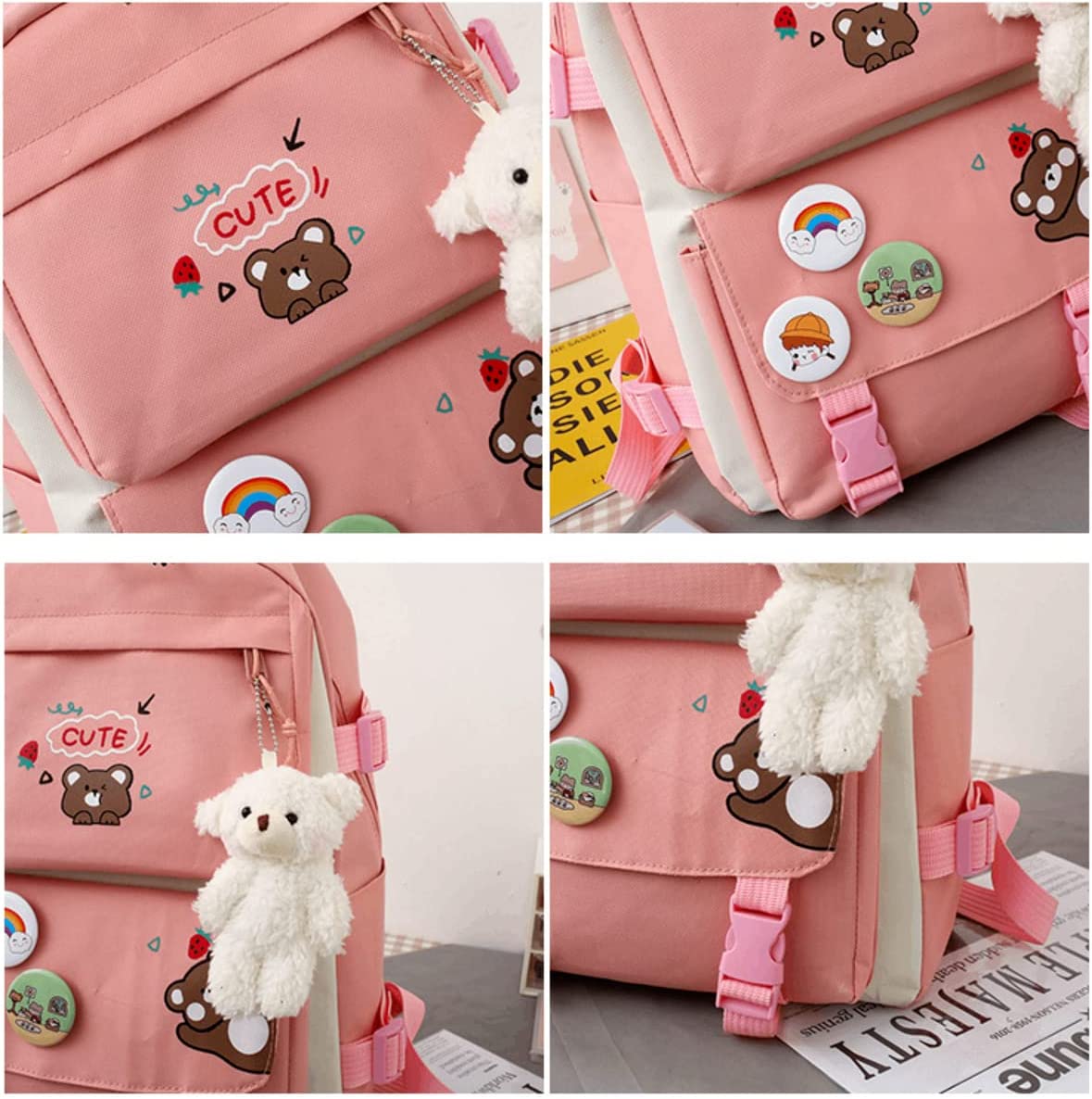 5Pcs Kawaii Cute Backpacks Combo Set with Bear Pendant & Pins - Back To School Supplies Japanese Anime Student Daypack Bag Kit with Tote
