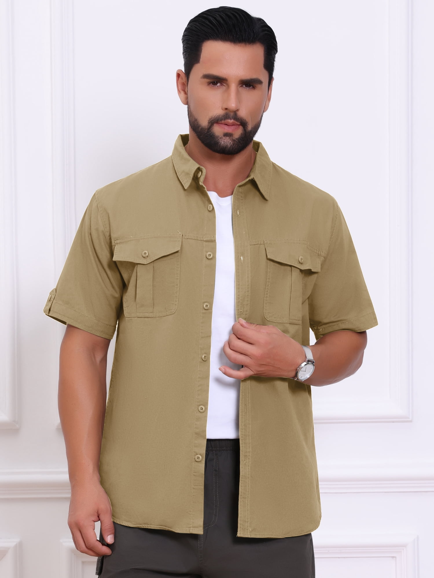 DARING DIVA Men's Fishing Shirt Summer Short Sleeve Hiking Cargo Shirts XL Khaki