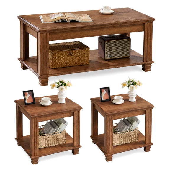 Leyaoyao Farmhouse Coffee Table Set of 3, Rustic Wood Coffee Table & 2 Side Tables with Open Shelf, Living Room Table Sets, Brown