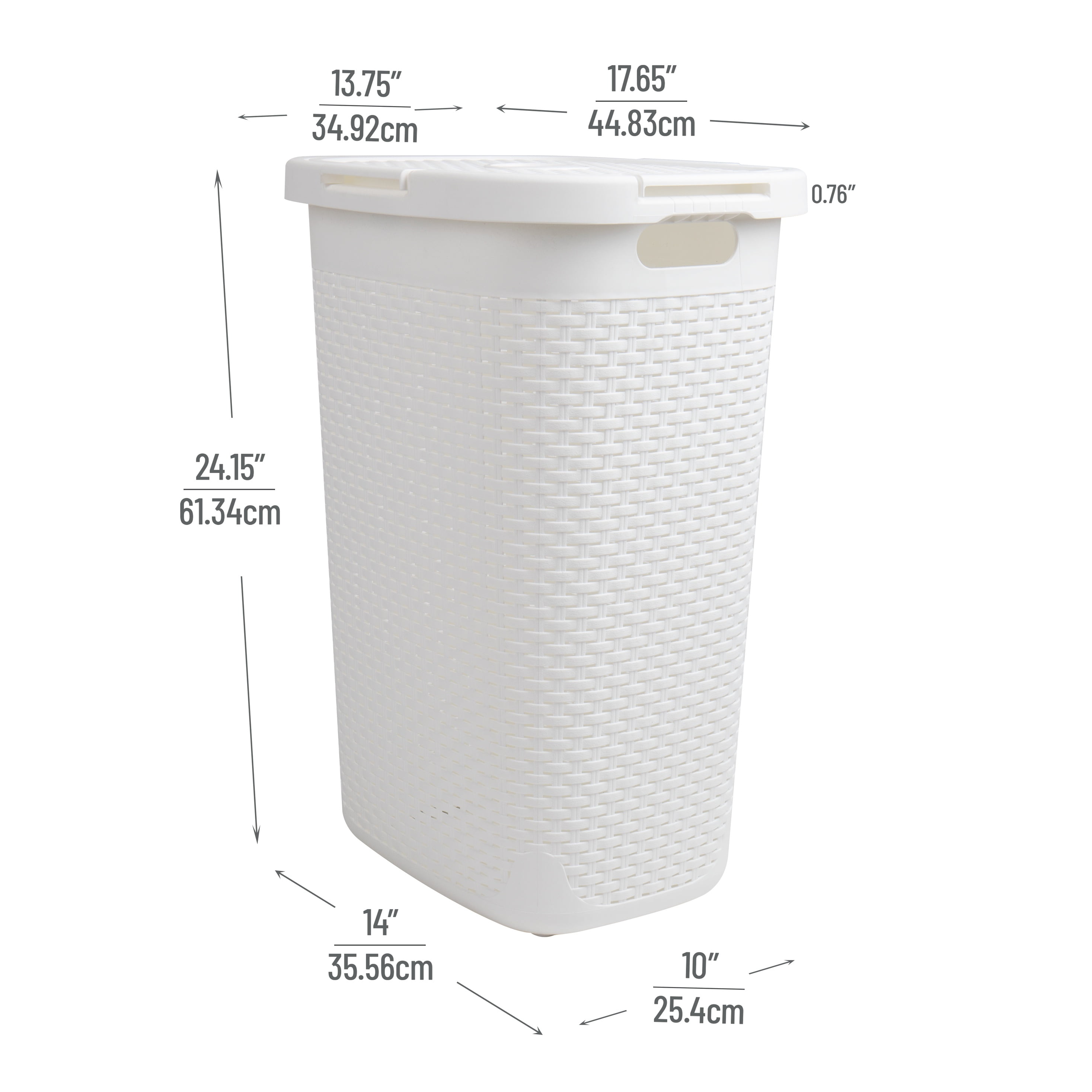 Mind Reader 60L Slim Laundry Hamper, Clothes Basket, Lid, Wicker Design, Plastic, 17.65"L x 13.75"W x 24.15"H, Set of 3, White