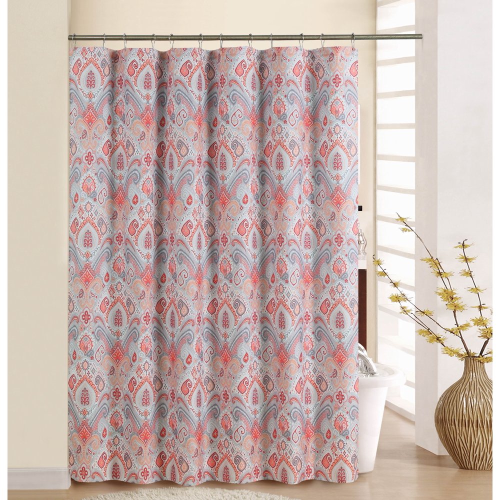 WAVERLY BOHO PASSAGE CORAL SHOWER CURTAIN WITH RINGS