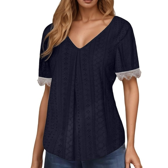 BdTemWBs Women's V Neck Lace Trim T Shirt Casual Floral Hollow Out Blouse Trendy Tops Tee Shirts Summer Shirts Solid Color Summer Short Sleeve Shirts, Blue, Large