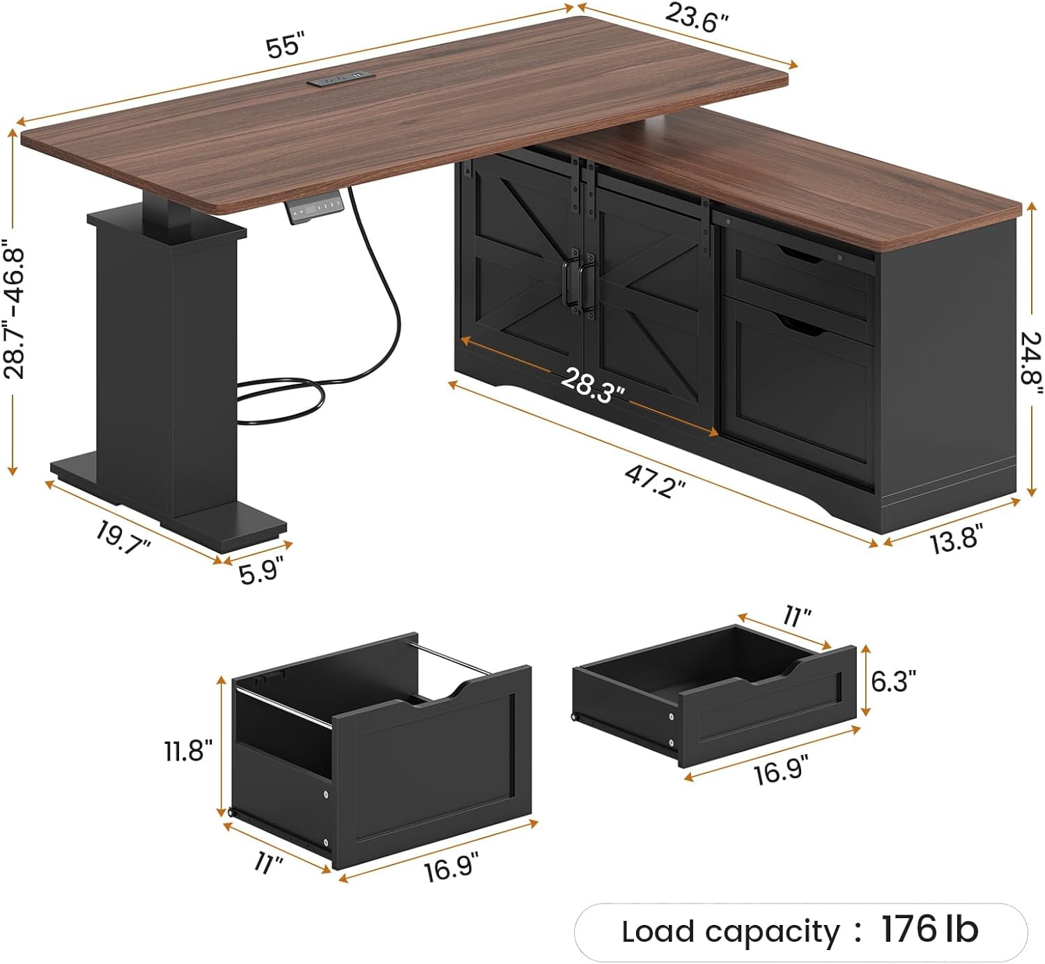 SEDETA Farmhouse Executive Desk, Electric Standing Desk, 28.7-46.8 Inch High Freely Adjustable Lift Desk, L Shaped Desk with Storage & Power Outlets, Office Desk with Drawers & Sliding Doors, Black