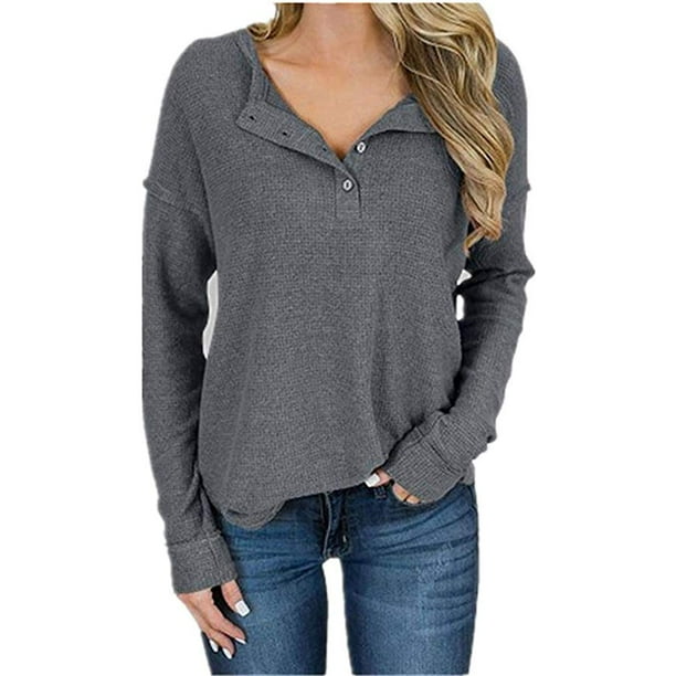 ONLYSHE - Womens Waffle Knit Henley Shirts Long Sleeve Shirt Tops V Neck Tunics - Walmart.com