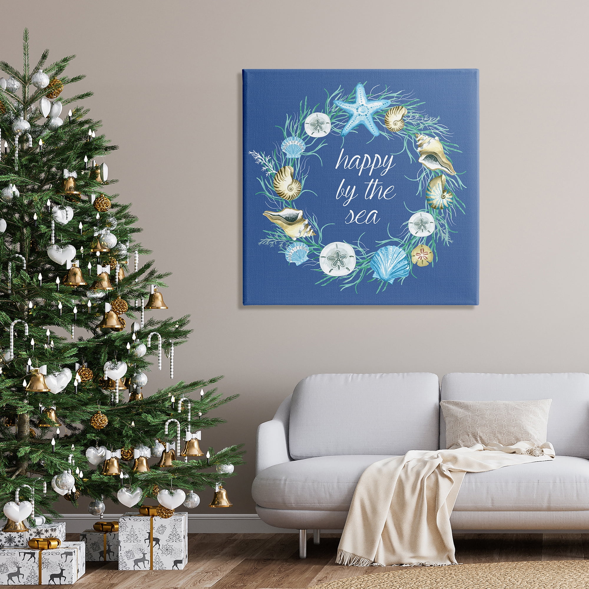 Happy By The Sea Calligraphy Aquatic Shells Wreath Coastal Graphic Art Gallery-Wrapped Canvas Print Wall Art