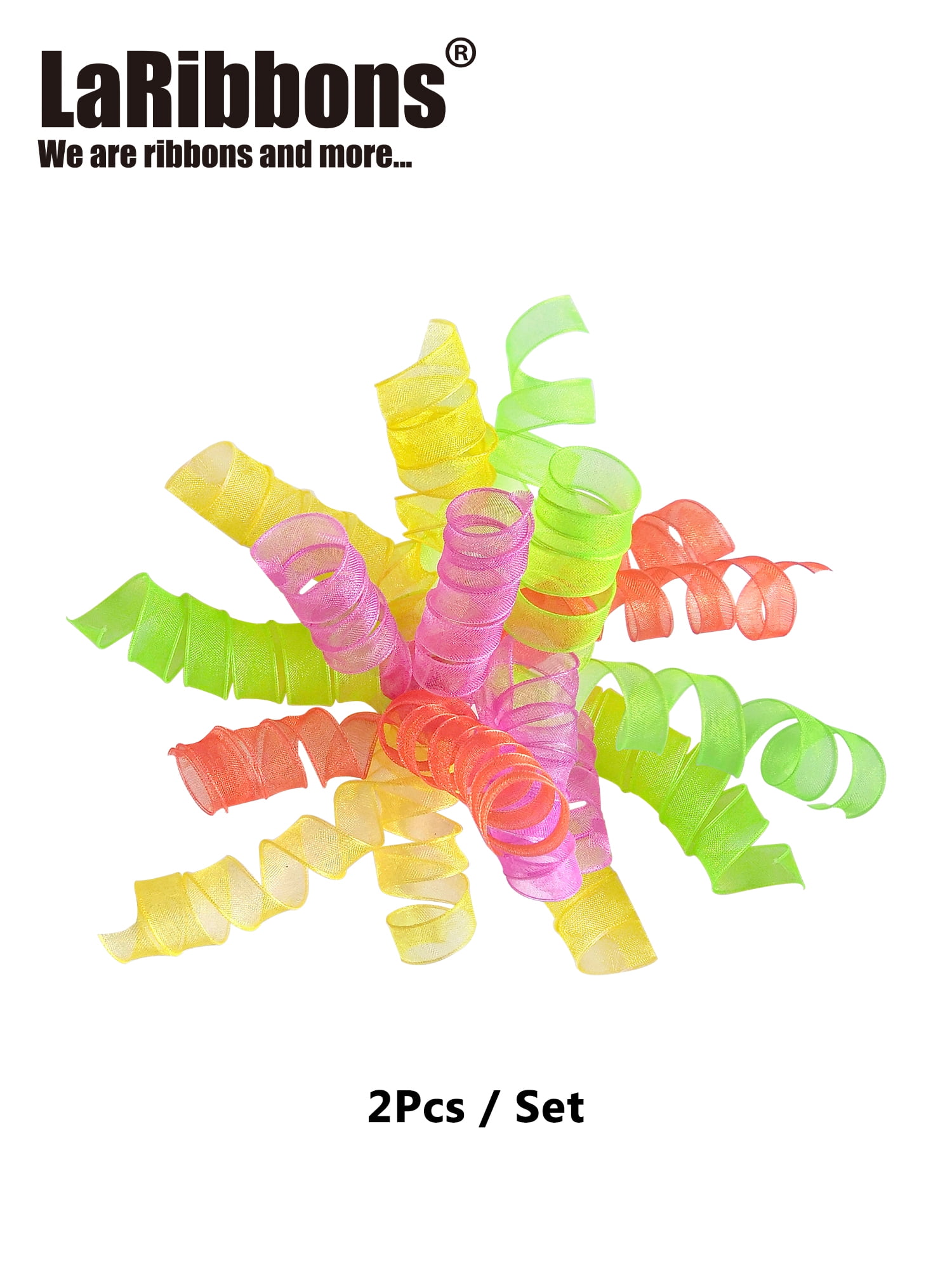 LaRibbons 2PCs Sheer Organza Curly Bows Gift Wrap Accessory Available in 4 Color Combinations Glitter pink/orange/yellow/green Mix