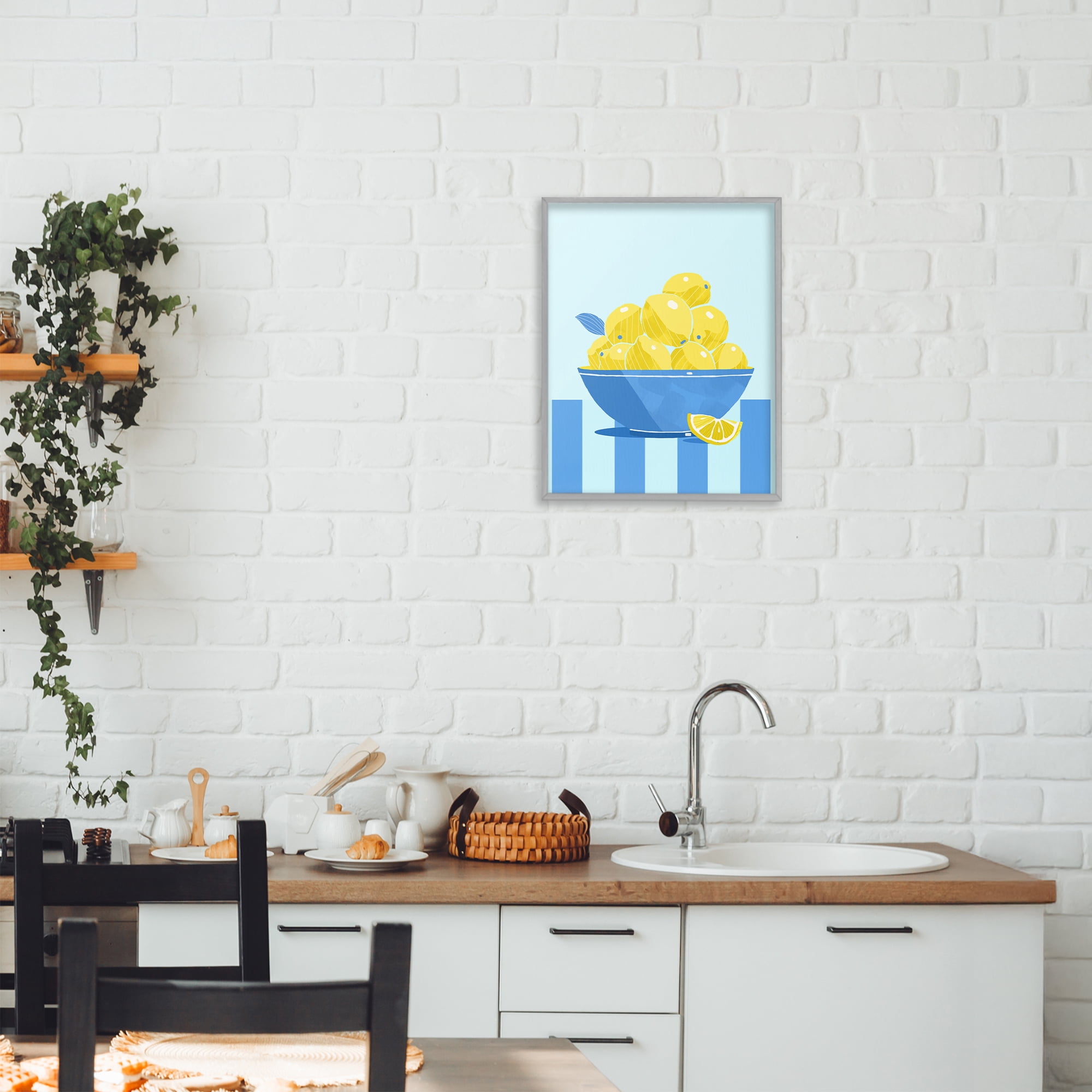 Stupell Industries Yellow Lemon Bowl Striped Gray Framed Giclee Art, design by Lucca Sheppard
