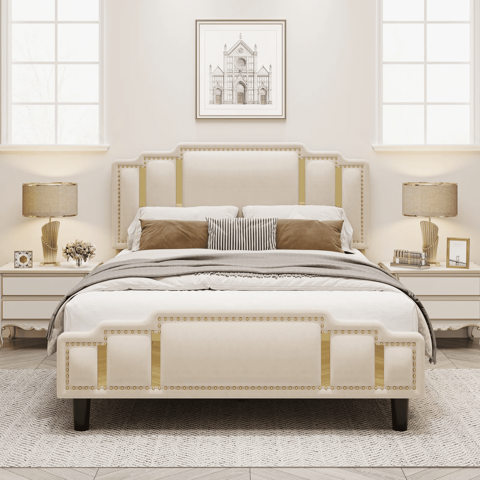 Homfa Queen Bed Frame, Luxury Velvet Upholstered Headboard With Golden ...